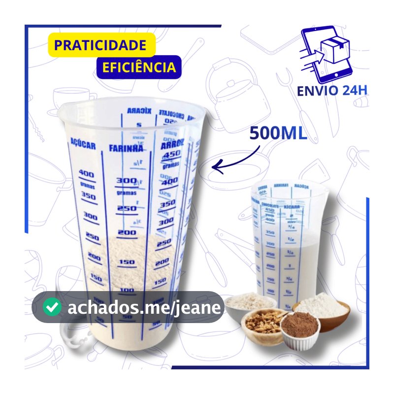 Copo Medidor Cozinha Dosador de Medidas Transparente Graduado 500 ml Para Receitas Culinária Cozinha