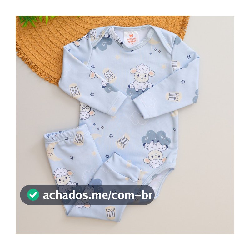 Conjunto Térmico Bebê Infantil Inverno Pagão Longo Quentinho Body e Calça Estampado Ovelha Menino e Menina