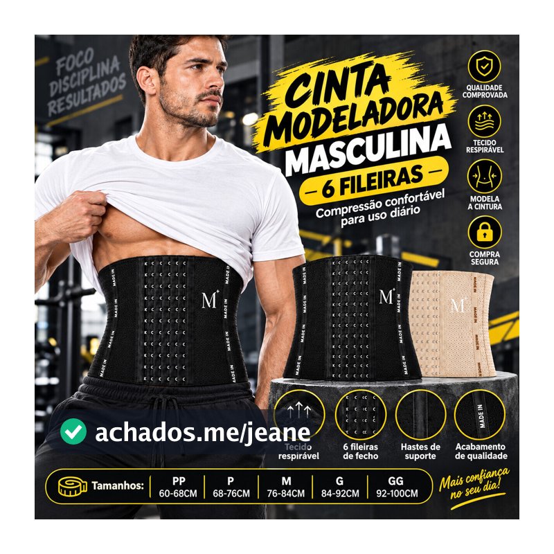 Cinta Modeladora Masculina 6 Fileiras – Abdominal, Compressão Ajustável, Respirável, Preta e Bege, PP ao GG