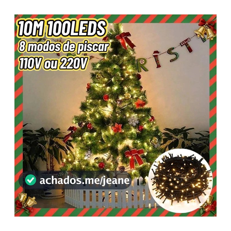 Luzes de Natal com Plugue e Interruptor Pisca 8 Strobo 10m 100LEDs 110V/220V luz quente Enfeite natalino impermeável