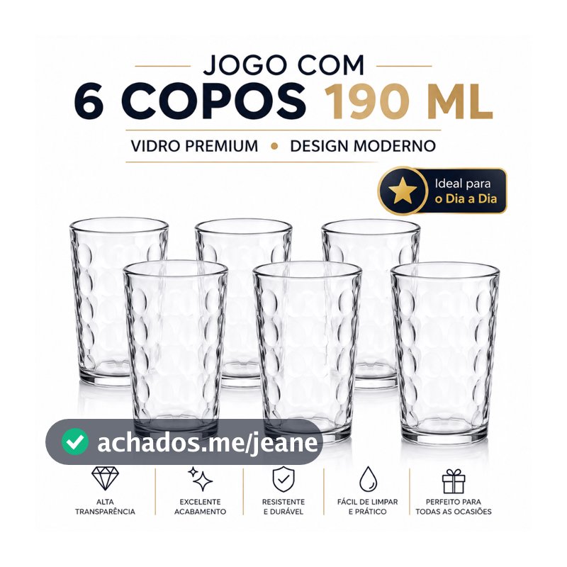 Jogo com 6 Copos de Vidro 190ml Transparente Premium Design Moderno Resistente