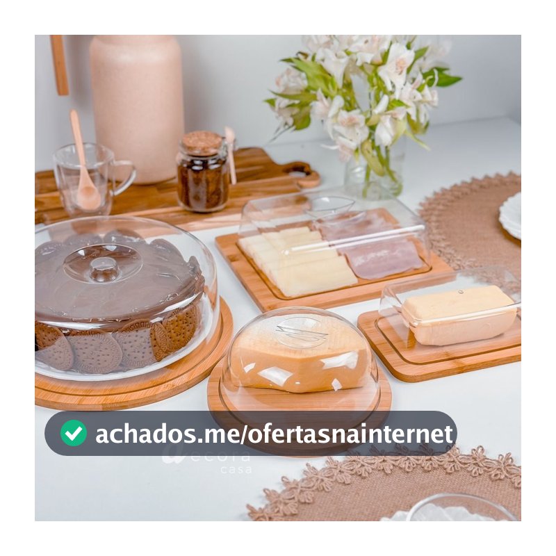 Kit Café da Manhã  4 peças Bambu: Boleira + Manteigueira + Porta Frios Bambu + Queijo