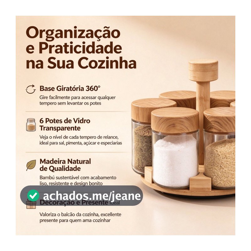 Kit 6 Potes De Vidro Porta Tempero Condimentos Com Suporte E Tampa Em Bambu Suporte Giratorio