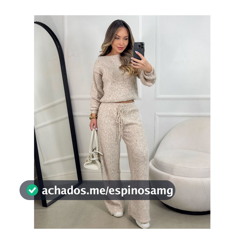 Conjunto Canelado de Tricot Mousse Calça Pantalona Cordão Ajustável+Blusa Manga Bufante Inverno