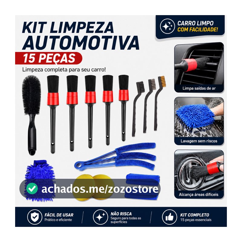 Kit 15 Peças Lavagem Automotiva Esponja + Escova + Flanela 30x40cm + Aplicador de Cera + Luva Microfibra + Pincel