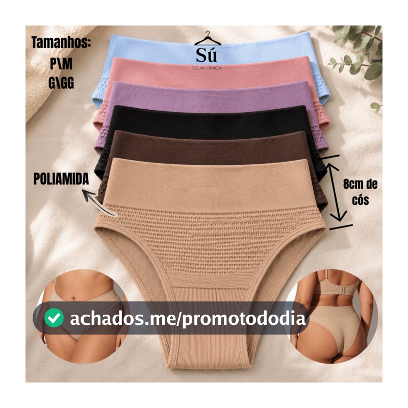 Kit 5 Calcinhas Conforto Feminina Cós Alto Duplo Poliamida Premium Não Marca