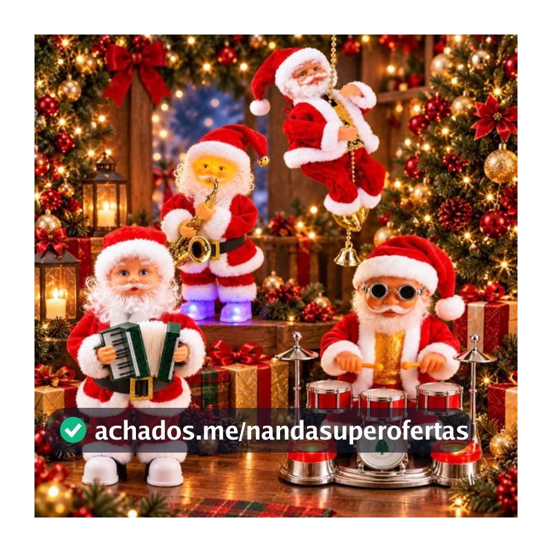 Papai Noel Musical Dançarino Baterista ou na Corda Boneco Decorativo Enfeite de Natal