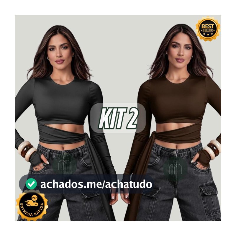 Kit 2 ou 1 Unidade Blusa Cropped com Amarração Manga Longa – Suplex Premium Slim Festa Moda Gringa