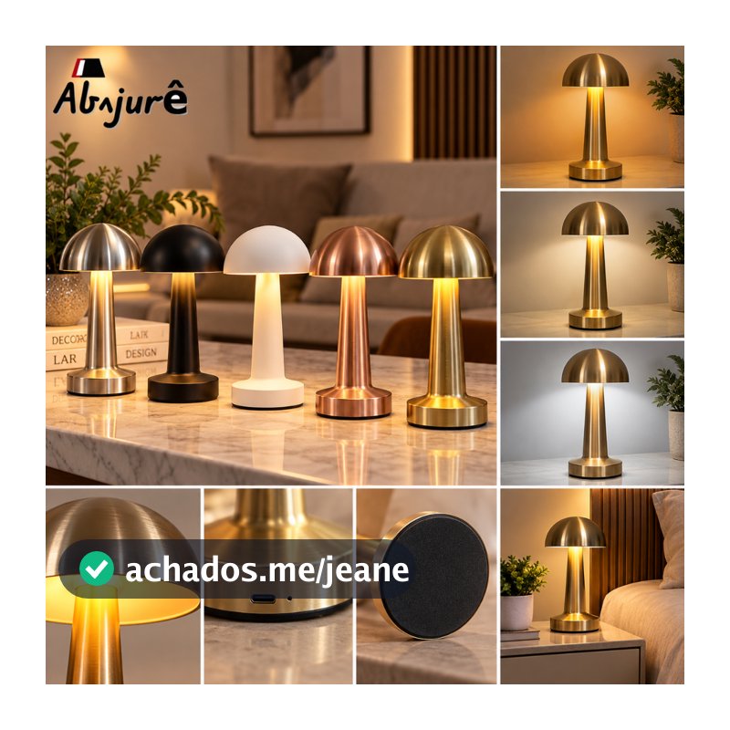 Luminária de Mesa Abajur Cabeceira Escrivaninha Cogumelo Recarregável USB Preto Cromado Dourado