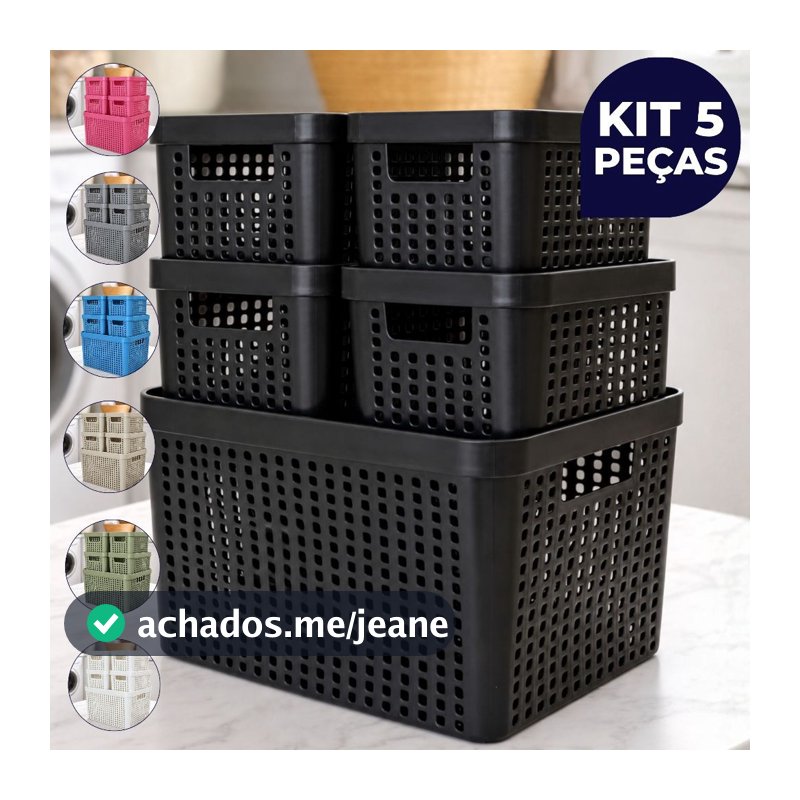 Kit 5 Caixa Organizadora com Tampa Empilhável Cesto Multiuso 4,5L 17L
