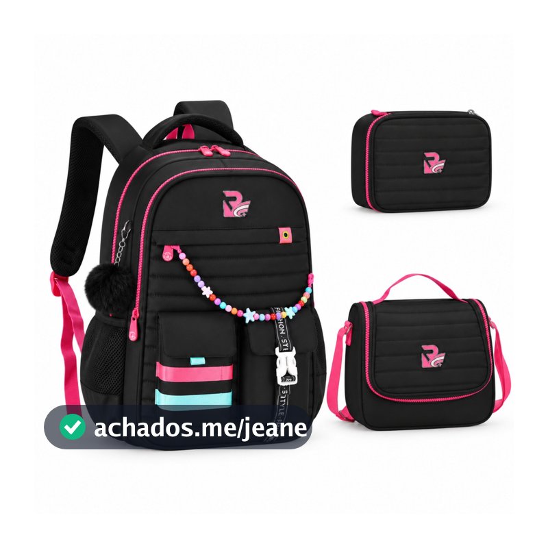 3 Kit Mochila Feminina Escolar  com Pompom e Miçangas, Grande Capacidade, Vários Compartimentos para Escola e Viagem