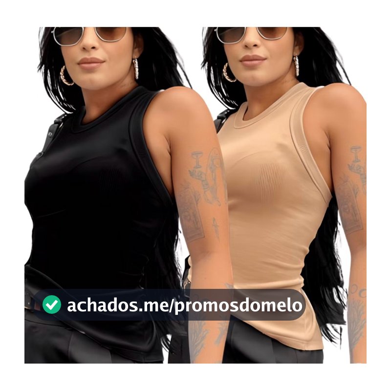 Kit 2 regata feminina ribana básica com gola redonda e alças sólidas