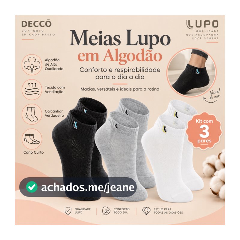 Kit De 3 Pares Meias Lupo Kids Infantil Cano Curto Algodão Tamanho 24 ao 35