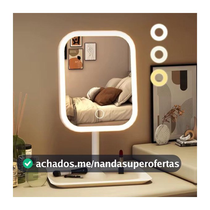 Espelho de Led Com Base Para Maquiagem Portátil Com 3 Tipos de iluminação Rotação Abajur