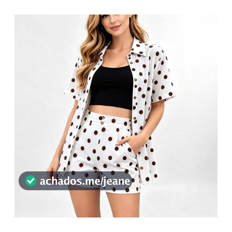 Conjunto feminino Poá Camisa de Botão Tartaruga / Short com Elastex + Bolsos moda top