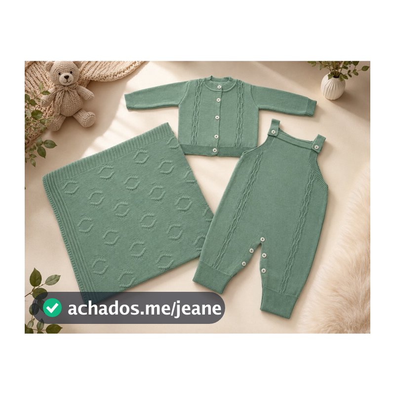 Kit Conjunto de Saída de Maternidade Jardineira  Romper Casaquinho  Manta Luxo 3 Pecas Enxoval Tricô