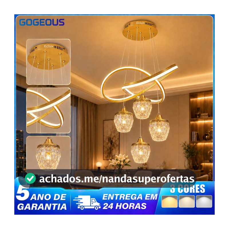 110V-220V Lustre Pendente LED 3 Cores Dourado Cristal para Sala de Jantar Moderno Luxo Ajustável Bivolt