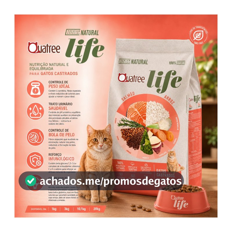 Racao Quatree Life Gatos Castrados Sabor Salmao e Arroz 10kg-Envio Rapido