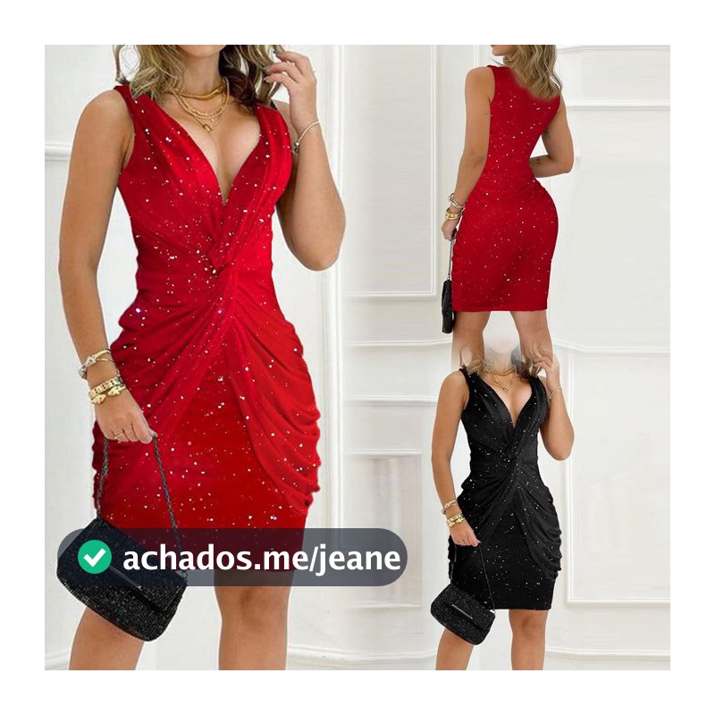 Mini Vestido Feminino Em V Com Pescoço Glitter Cor Lisa Bodycon Noite de Festa do Clube