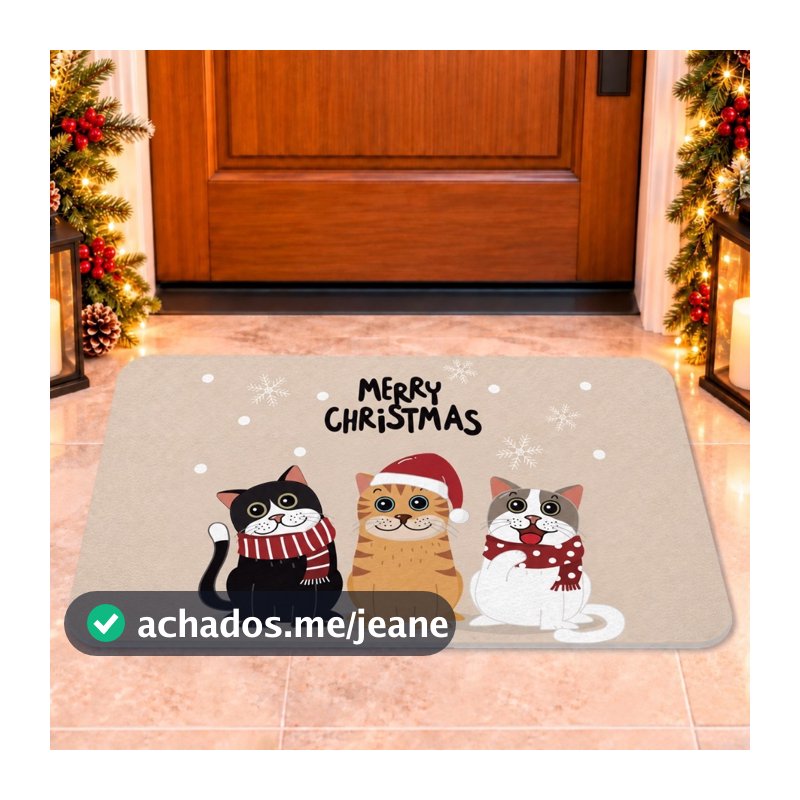 Tapete de Entrada Natalino Antiderrapante 60x40cm Decoração de Natal Gatinhos