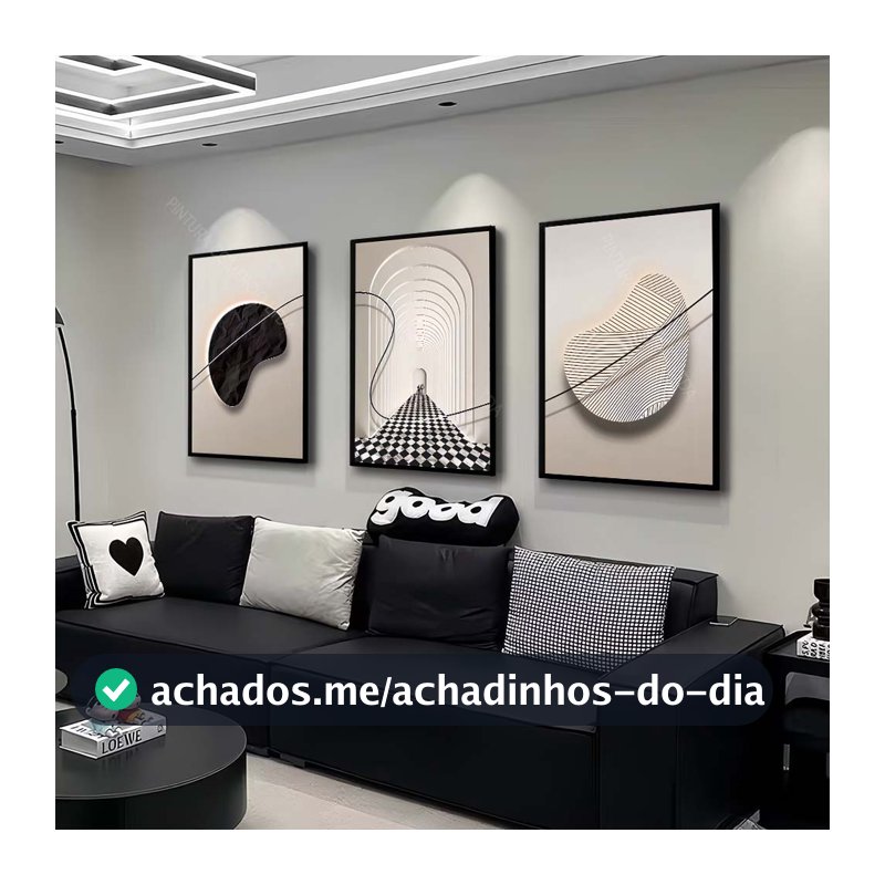 Quadro Decorativo 3 Peças Abstrata Moderna Preto E Branco Formas Geometricas Para Sala De Estar E Quarto