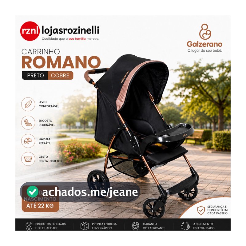 Carrinho de Bebê Galzerano Romano Conforto e Praticidade Até 22 kg Preto Cobre
