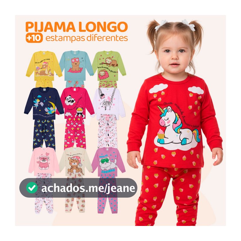 Kit Sortido 4 Peças Pijama Infantil Bebê Menina Manga Longa (2 Camisetas + 2 Calças) Tamanho 1 ao 10