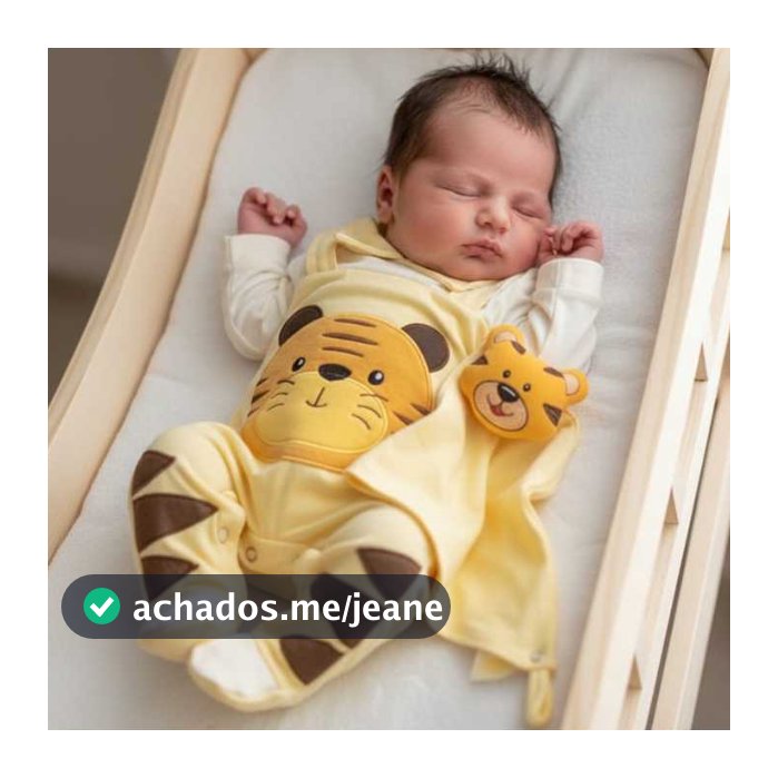 Macacão Bebê Menino Tigre Manga Longa com Naninha Sensação Bordado Amarelo Tam P