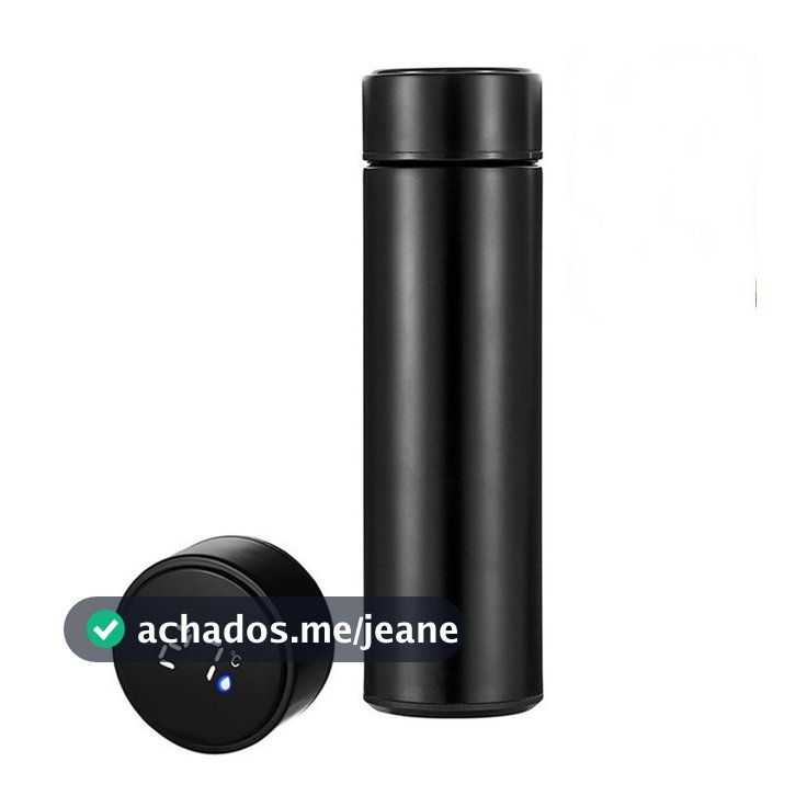 Garrafa Térmica Inteligente 500ml Aço Inox com Termômetro Digital Touch LED Tampa com Vedação Preta