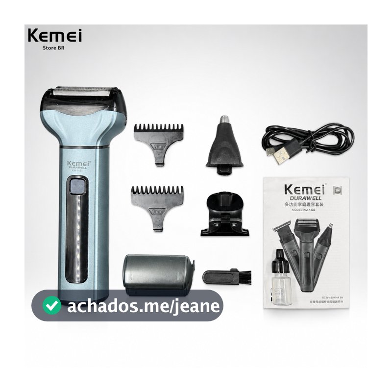 Barbeador Elétrico 3 em 1 Profissional Kemei 1433 Bivolt 110v 220v Portátil sem fio KM - 1433