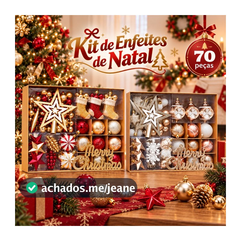 Kit 70 Peças Enfeites de Natal Vermelho e Dourado Decoração Natalina para Árvore, Guirlanda e Casa