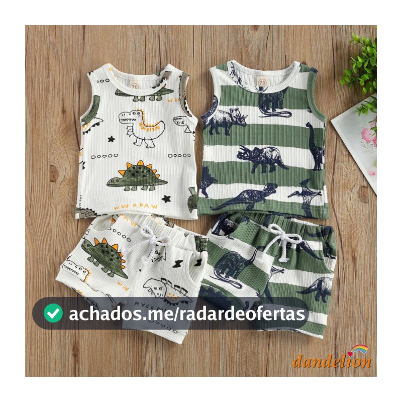 Dandelion-0-24 Meses Conjunto De Verão Para Bebês Meninos , Colete Sem Manga Com Estampa De Dinossauro + Shorts Cintura Elástica