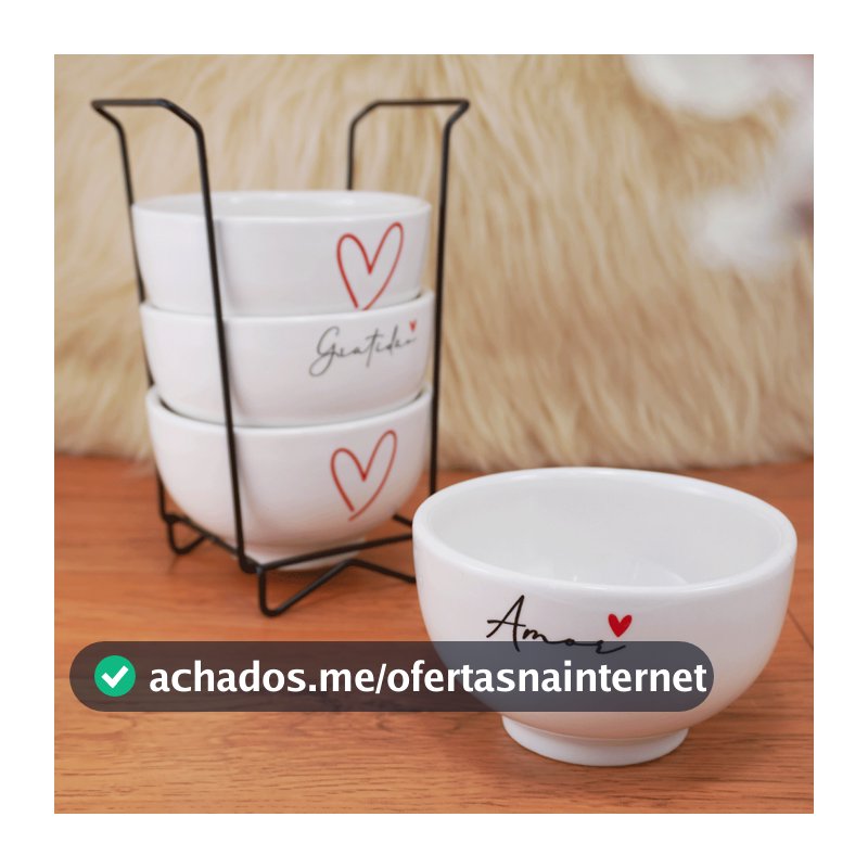 Kit Jogo 4  Bowl Tigelas Porcelana Cumbuca Sopa Açaí 350ml Decorada Amor Gratidão + Suporte