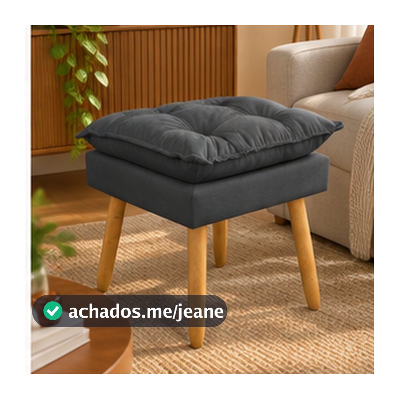 Puff Decorativo Suede Cinza Pés Palito Madeira 45cm Banqueta Sala Quarto Recepção Puff Pequeno Apoio para Pés Opala