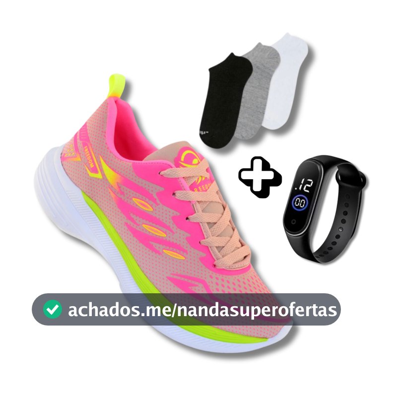 Tênis Esportivo Feminino + Meia + Relógio | Ideal Para Caminhada ou Academia