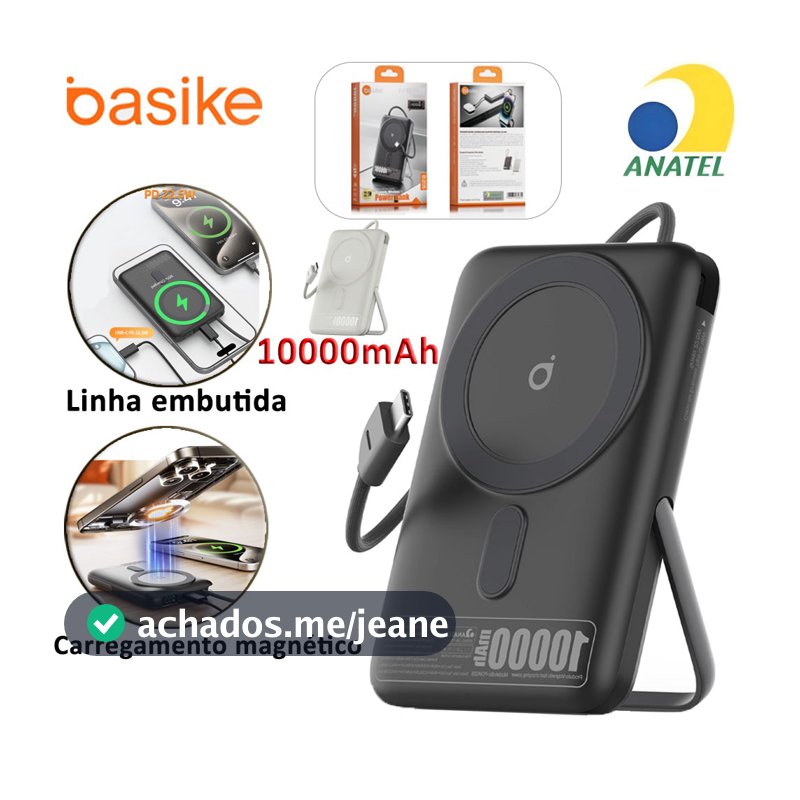 Basike Mini Power Bank Carregador Portátil Magnético Por Indução 10000mAh Magsafe PD 22.5W Sem Fio Universal
