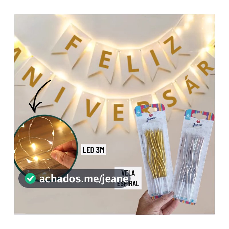 Kit 6 a 12 Vela Festa Espiral Palito + Led 3m + Faixa Aniversário Bolo de Bricolage Dourado Prata Curvado Longo Fino