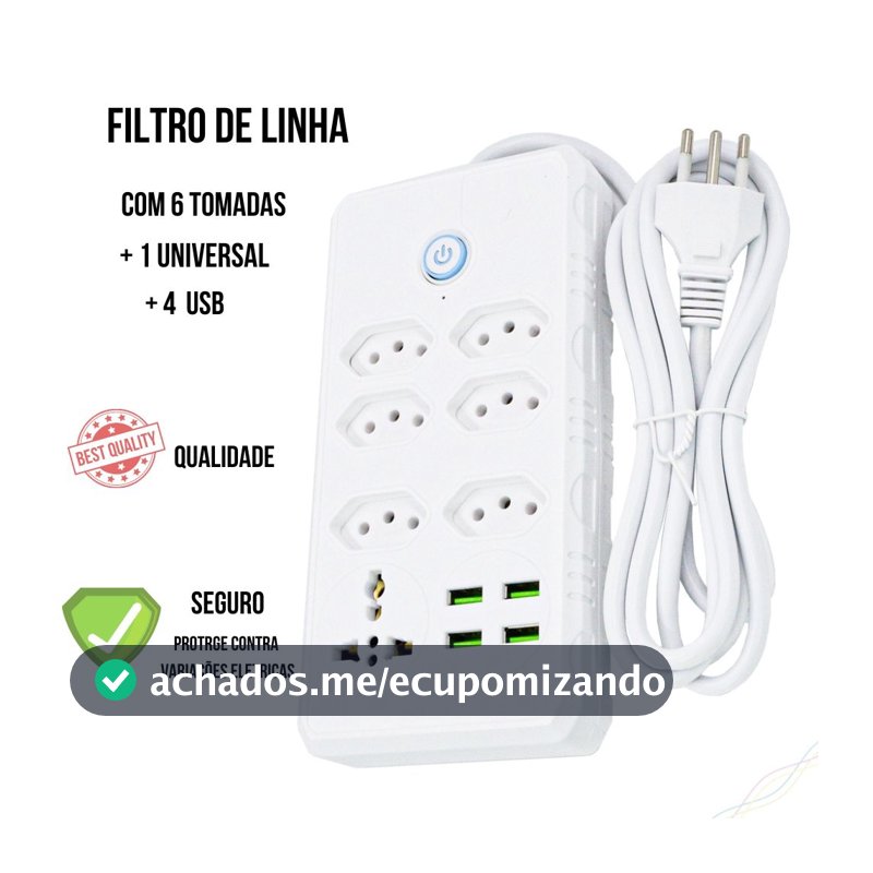 Régua Filtro de Linha com 7 Tomadas Extensão Elétrica 1 Universal 4 USB Bivolt 10A 110v/220v Cabo de 2 Metros Seguro e confiável