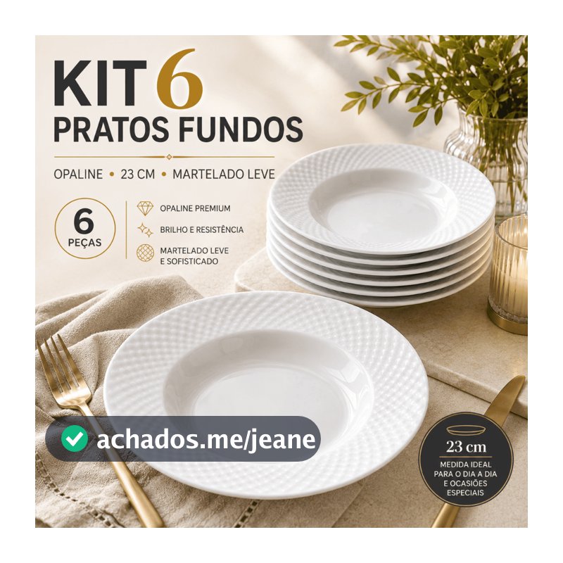 Kit 6 Pratos Fundos 23cm Opaline Branca Borda Martelada