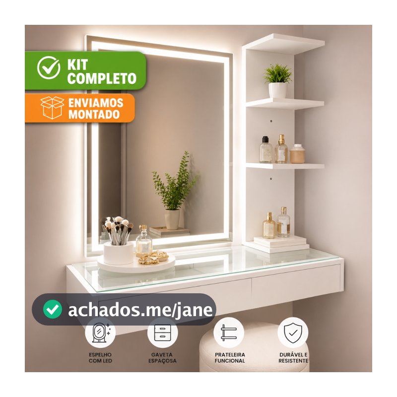 Kit Penteadeira de Vidro com Espelho LED e Prateleira Organizadora Premium Camarim Maquiagem Gaveta Suspensa