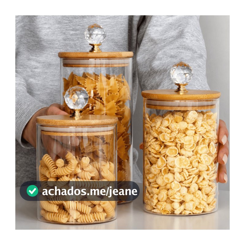 Kit de Potes de vidro Redondo C/ Cristal e Tampa de Bambu para mantimentos e alimentos