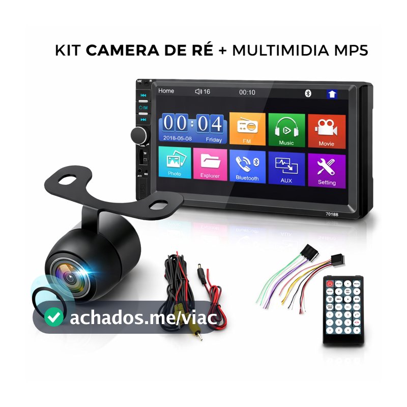 Kit Câmera de Ré + Multimídia MP5 7" Bluetooth Espelhamento USB SD Aux Universal Carro
