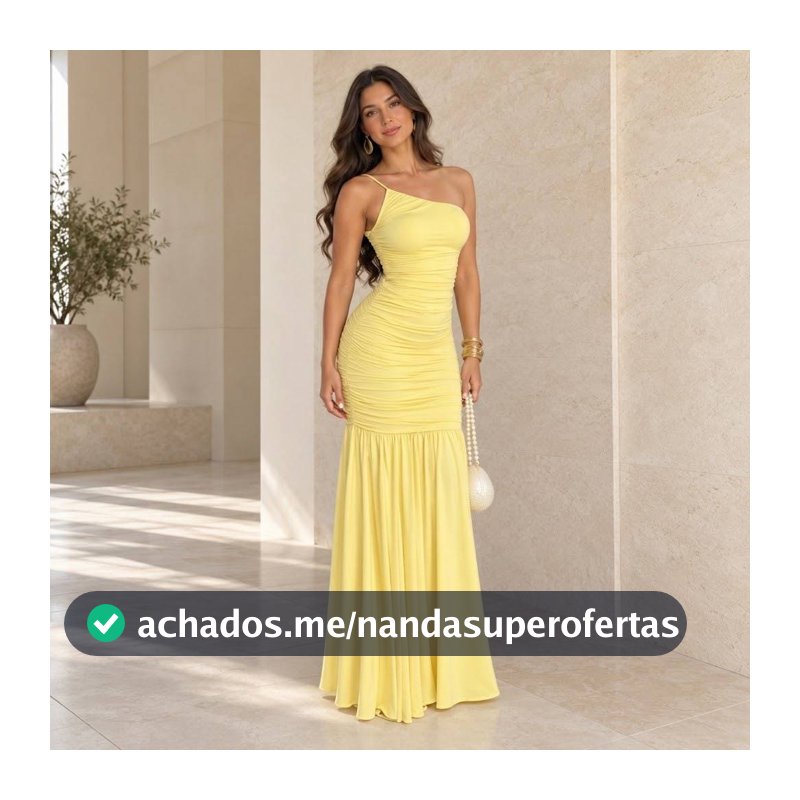 Vestido Longo Feminino Um Ombro Só Drapeado com Bojo e Forro Duplo em Poliamida