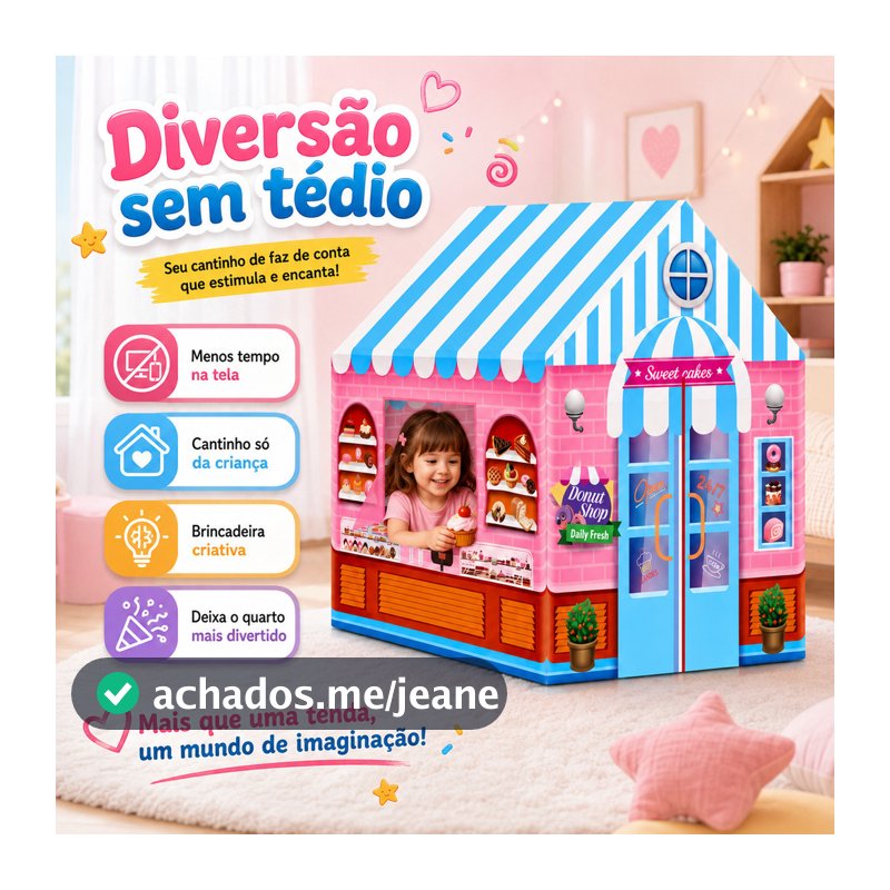 Barraca Infantil Cabana Casinha de Brincar com Luzes Doceria Rosa e Azul 93x69x103cm Fácil de Montar