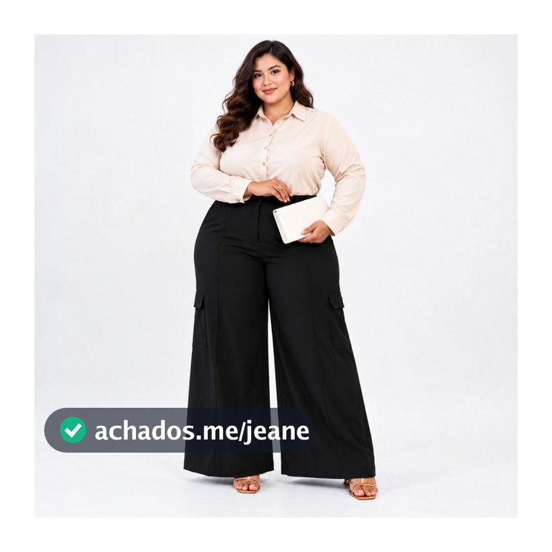 Calça Feminina Plus Size Cargo Pantalona Alfaiataria Twill Cintura Alta