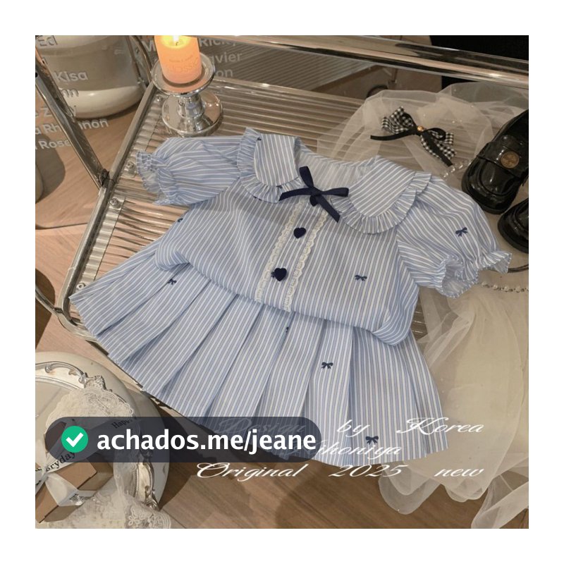 Conjunto Menina Listrado Azul Branco Manga Bufante Gola Babado Blusa Plissada Saia Coração Laço Tecido Conforto Pronto