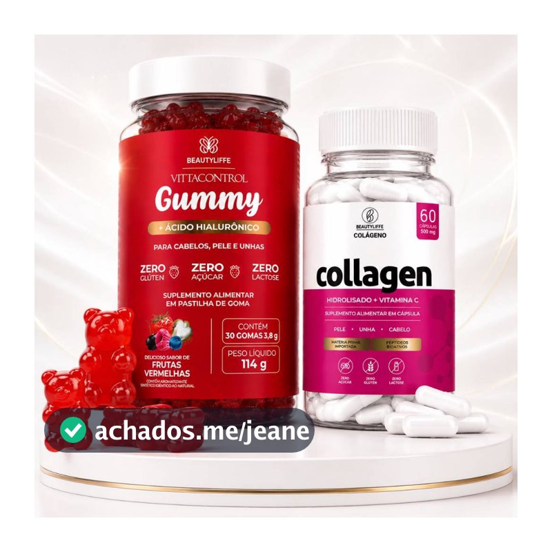 Goma de Vitamina Crescimento Capilar + Colageno Kit Completo Pele Unhas e Cabelo + Ácido Hialurônico