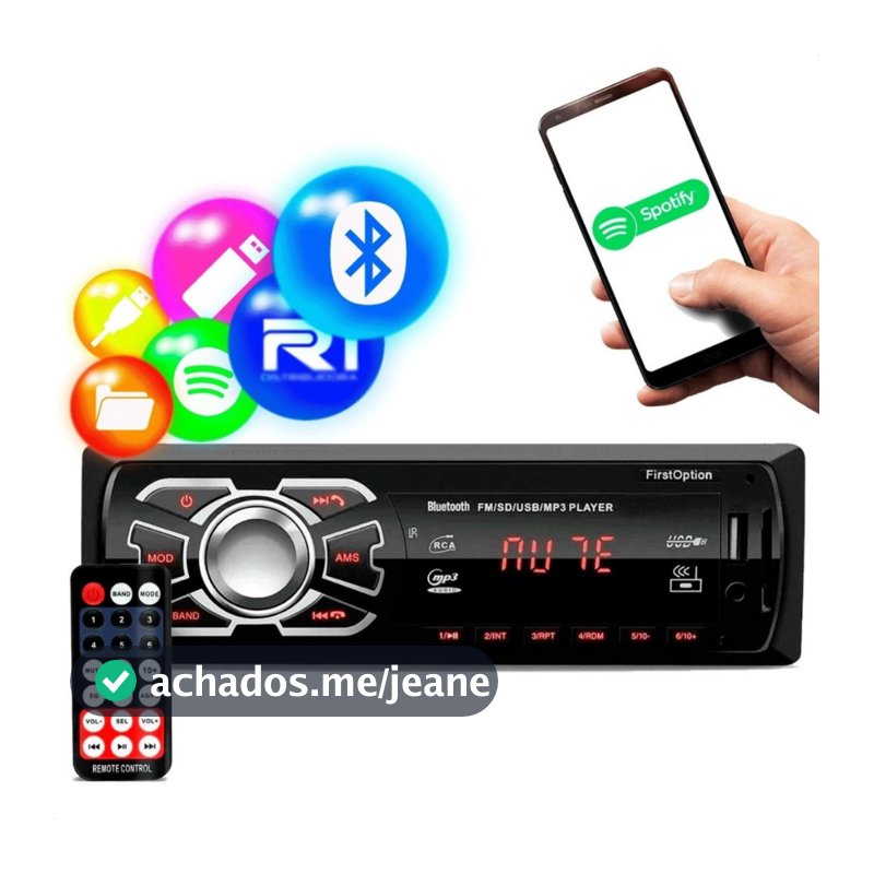 Radio Automotivo Bluetooth com Entrada USB Carregador de Celular First Option MP3 Som Carro 100W
