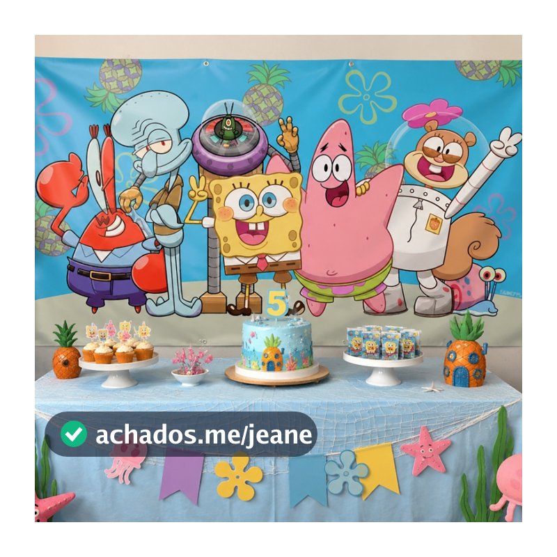 Painel de Festa em Lona 2x2m Personalizado  Infantil Tema Bob Desenho Esponja Lona Fosca Aniversário