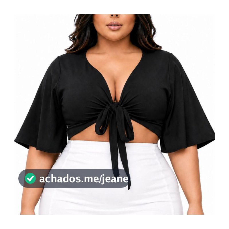 Blusa Cropped Plus Size Feminina Manga Flare com Amarração Decote V